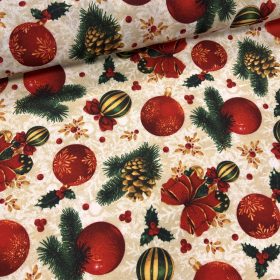   Karácsonyi party szövet: Ekrüs hópelyhes alapon gömbdíszes