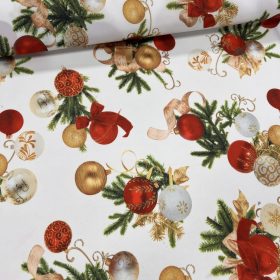 Karácsonyi party szövet: Fehér alapon gömbdíszes