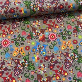   Szürke alapon színes pillangós 160 cm sz. pamutvászon (KA)