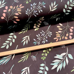   Fekete alapon zöld-törkizes ágas-leveles 160 cm sz. pamutvászon (KA)