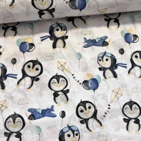 Pingvines kék lufikkal 160 cm sz. pamutvászon (KA)