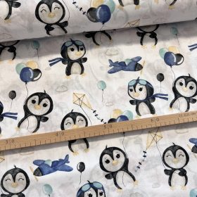 Pingvines kék lufikkal 160 cm sz. pamutvászon (KA)