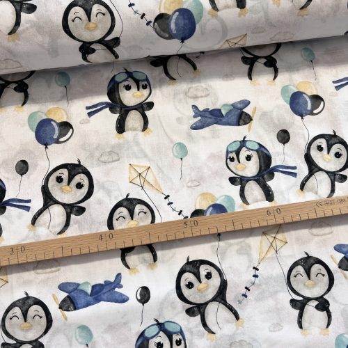 Pingvines kék lufikkal 160 cm sz. pamutvászon (KA)
