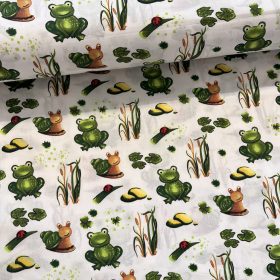 Fehér alapon békás-csigás 160 cm sz. pamutvászon (KA)