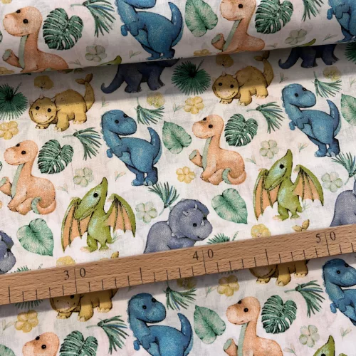 KIÁRUSÍTÁS: Kék-zöld dinós 160 cm sz. pamutvászon (KA)