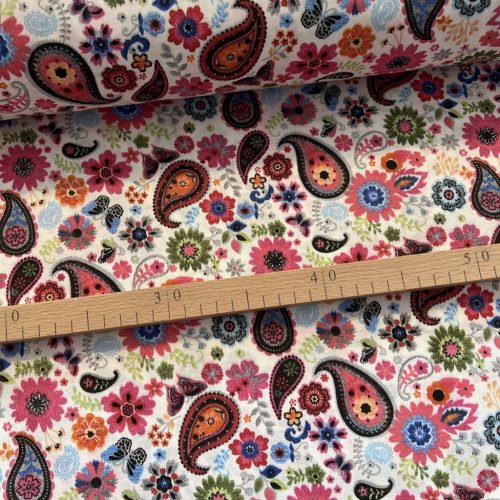 Fehér a. színes mandala-pillangó-virág pamutvászon