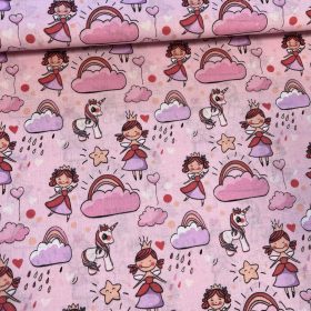 Rózsaszín királylányos-unikornisos pamutvászon
