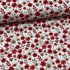 Piros-bézs színű virágos mező pamutvászon