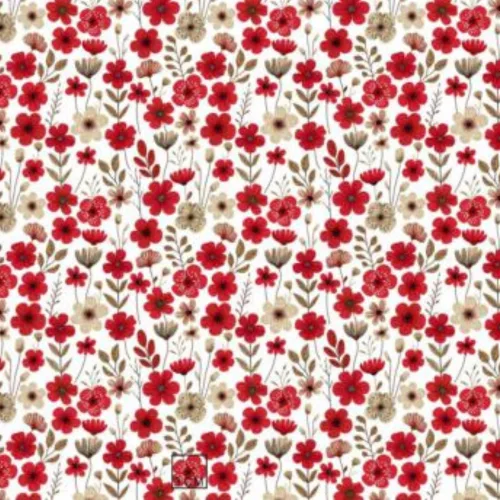0,3 m  EGYBEN KÉRHETŐ Piros-bézs színű virágos mező pamutvászon