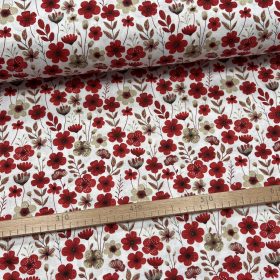 Piros-bézs színű virágos mező pamutvászon