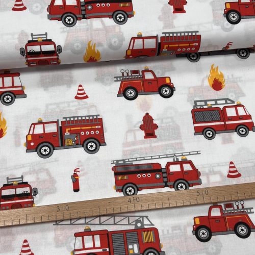 Fehér alapon tűzoltós 160 cm sz. pamutvászon
