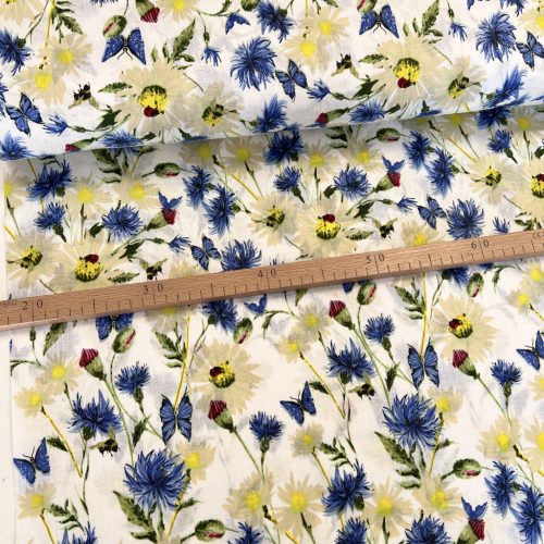 Kék mákvirágos-pillangós pamutvászon