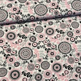 Fehér alapon rózsaszín-fekete mandalás pamutvászon