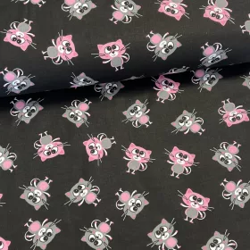 Fekete alapon rózsaszín-szürke cicás pamutvászon