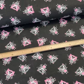 Fekete alapon rózsaszín-szürke cicás pamutvászon