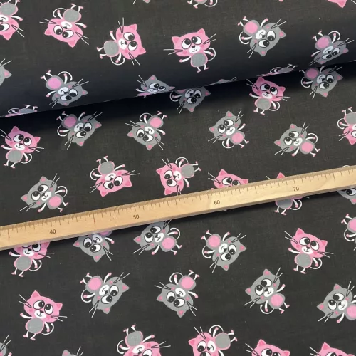 Fekete alapon rózsaszín-szürke cicás pamutvászon