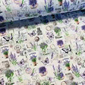 Fehér alapon levendulás, provence-i mintás pamutvászon