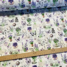 Fehér alapon levendulás, provence-i mintás pamutvászon