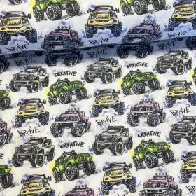 Fehér alapon színes monster truckos pamutvászon
