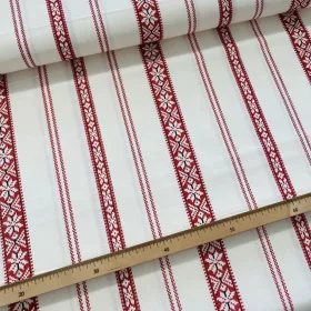   Fehér alapon piros szőttes (száda) mintás kékfestő jellegű pamutvászon