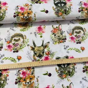   Akvarell festett róka-borz-süni-nyuszi-őzike 160 cm sz. pamutvászon (KA)