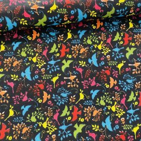 Fekete alapon színes kismadaras pamutvászon