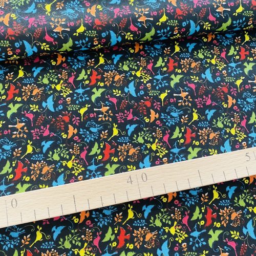 Fekete alapon színes kismadaras pamutvászon