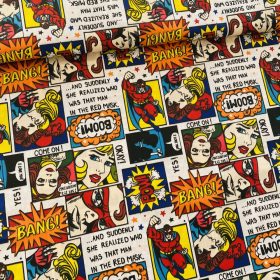   0,46 m EGYBEN KÉRHETŐ KIÁRUSÍTÁS: Színes BANG! képregényes pamutvászon