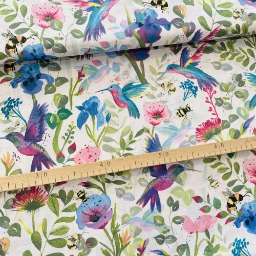Kék-lila kolibris-virágos 160 cm sz. pamutvászon