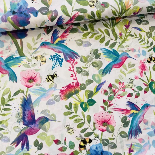Kék-lila kolibris-virágos 160 cm sz. pamutvászon