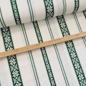   1m Foltos EGYBEN KÉRHETŐ Fehér alapon zöld szőttes (száda) mintás kékfestő jellegű pamutvászon