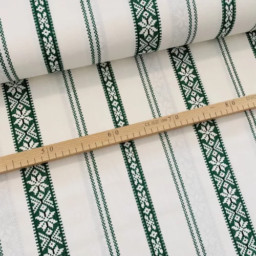 Fehér alapon zöld szőttes (száda) mintás kékfestő jellegű pamutvászon