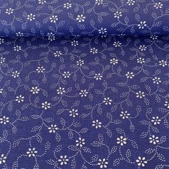   Indigókék alapon pöttyökből álló leveles, virágos kékfestő jellegű pamutvászon
