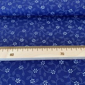   0,11 m EGYBEN KÉRHETŐ Indigókék alapon pöttyökből álló leveles, virágos kékfestő jellegű pamutvászon
