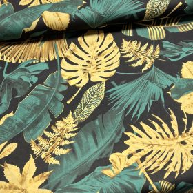  Fekete alapon zöld-arany sárga pálmaleves (No.2.) 160 cm sz. pamutvászon (KA)