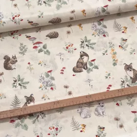   Halvány sárga a. retró erdei állatos 160 cm sz. pamutvászon (KA)