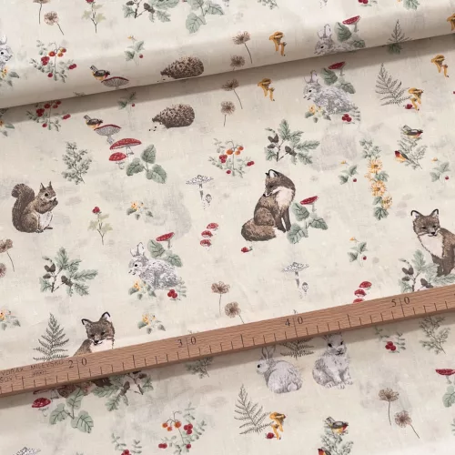 Halvány sárga a. retró erdei állatos 160 cm sz. pamutvászon (KA)