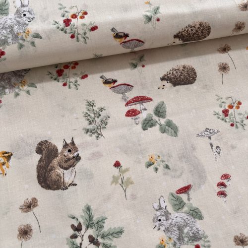 Halvány sárga a. retró erdei állatos 160 cm sz. pamutvászon (KA)