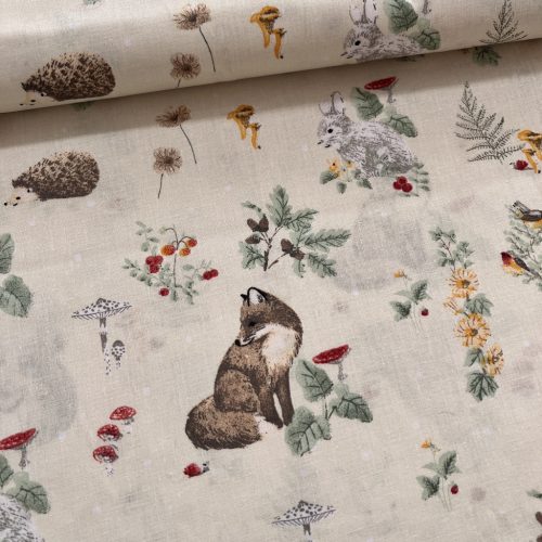 Halvány sárga a. retró erdei állatos 160 cm sz. pamutvászon (KA)