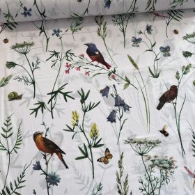   0,61 m EGYBEN KÉRHETŐ Fehér a. madarak és pillangók a kertben 160 cm sz. pamutvászon