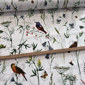   0,61 m EGYBEN KÉRHETŐ Fehér a. madarak és pillangók a kertben 160 cm sz. pamutvászon