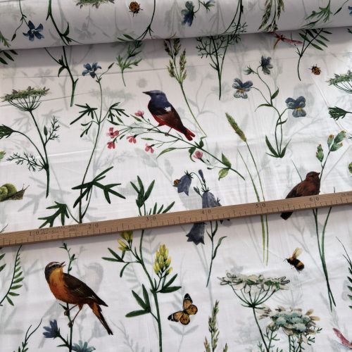 0,61 m EGYBEN KÉRHETŐ Fehér a. madarak és pillangók a kertben 160 cm sz. pamutvászon