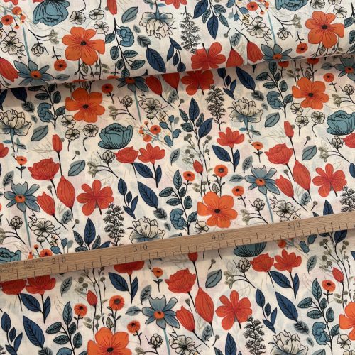 Narancs-kék 70's évek virágai pamutvászon