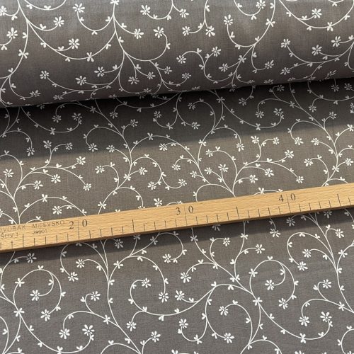 1,14 m EGYBEN KÉRHETŐ Extra puha: Szürke a. fehér indás-kisvirágos (puha, puplin tapintású) pamutvászon