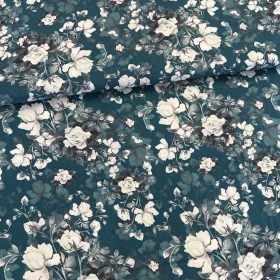 Sötét türkiz alapon fehér rózsás viszkóz voile